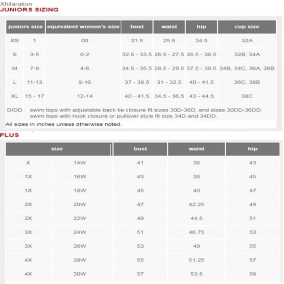 XHILIRATION SIZE CHART & MEASUREMENTS - Picture 1 of 1